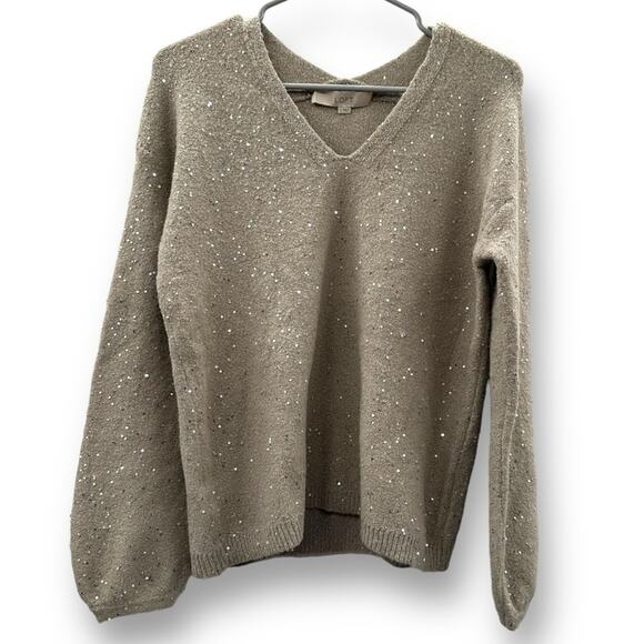 Loft Sequin Double V Neck Long Sleeve Pullover Beige Sweater‎ in Sand Sz S - Picture 1 of 11
